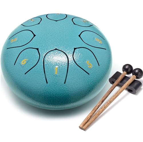 Tongue Drum 8 Noten 6Zoll,Zungentrommel Scheibentrommel,Steel Pan Töne Schlaginstrument Hand mit Zubehörbox,Tasche,Fingerpick,Musikbuch und Schlägel für Meditation Yoga Klangheilung von Henmeili
