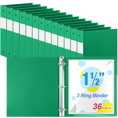 Henoyso 36 Stück 3-Ringbuch, 3,8 cm, Kunststoff, flexibel, rund, passend für Briefgröße 21,6 x 27,9 cm, Papier, hält 300 Blatt mit 1 Tasche, für Büro, Schule (grün) von Henoyso