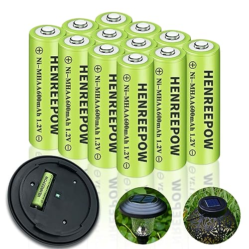 HENREEPOW Ni-MH wiederaufladbare AA-Batterien, doppelte A, hohe Kapazität, 1.2 V, vorgeladen, für Gartenlandschaftsgestaltung, Solarleuchten, Lichterketten, Taschenlampe (AA-600 mAh, 12 Stück) von Henreepow