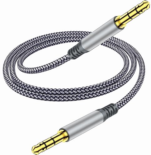 Henrety 3,5 mm Nylon geflochtenes AUX-Kabel (2 m) – Stecker auf Stecker, Audio-Aux-Kabel für Kopfhörer, Auto, Heim-Stereoanlagen, Lautsprecher, iPhone, iPad, iPod, Echo – Grau von Henrety