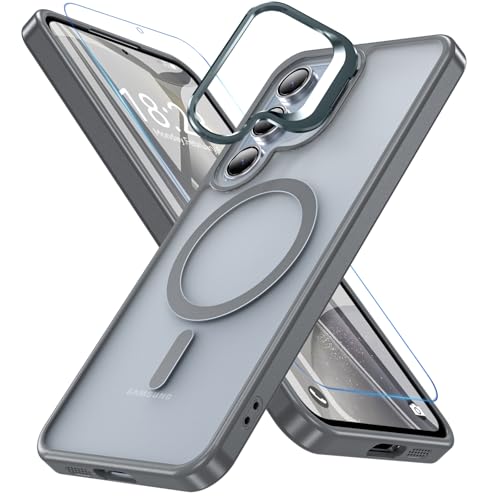 Für Samsung Galaxy S24 FE Hülle Kompatibel mit MagSafe, S24 FE Hülle mit Magnetisch Ring Ständer Transparente Matte Stoßfeste Handyhülle für Samsung S24 FE Hülle mit Schutzfolie (Grau) von Hensinple