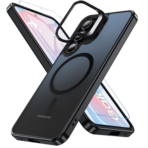 Für Samsung Galaxy S24 FE Hülle Kompatibel mit MagSafe, S24 FE Hülle mit Magnetisch Ring Ständer Transparente Matte Stoßfeste Handyhülle für Samsung S24 FE Hülle mit Schutzfolie (Schwarz) von Hensinple