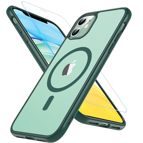 Kompatibel für iPhone 11 Hülle mit MagSafe - Transluzente Matte Magnetische Stoßfeste Schutzhülle mit Schutzfolie für 6.1 Zoll (Grün) von Hensinple