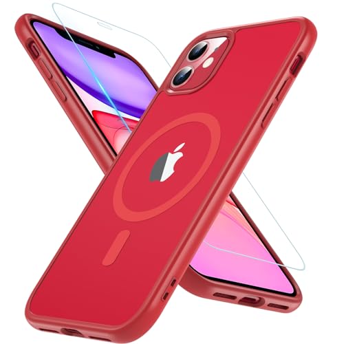 Kompatibel für iPhone 11 Hülle Kompatibel mit MagSafe Transluzente Matte Handyhülle für iPhone 11 Magnetisch Stoßfeste Schutzhülle iPhone 11 Case mit Schutzfolie für iPhone 11 6.1 Zoll (Rot) von Hensinple