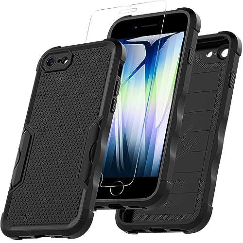 Hensinple Für iPhone SE 2020 iPhone SE 2022 Hülle iPhone 8/7, Stoßfest Rugged Hülle mit 9H Displayschutz-Glas Fallschutz Handyhülle, TPU Outdoor Case mit Kameraschutz (Schwarz) von Hensinple