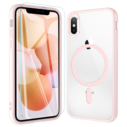 Hensinple Hülle für iPhone X, Magnetisch Hülle iPhone XS Militärschutz Stoßfeste Schutzhülle mit Panzerglas für iPhone X/XS Anti-Fingerabdruck Kratzfeste Bumpedr iPhone X Case (Rosa) von Hensinple