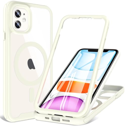 Hensinple Magnetisch Hülle für iPhone 11 Hülle 6,1 Zoll, Mit Eingebautem Displayschutz Kompatibel mit MagSafe, 360° Rundumschutz Stoßfest Schutzhülle Handyhülle für iPhone 11(Weiß) von Hensinple