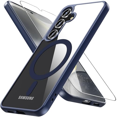 Hensinple für Samsung Galaxy S24 Hülle für Magsafe mit Panzer Schutz Glas,Magnetisch Handyhülle Samsung S24 Stoßfest Schutz Dünn Transparent Outdoor Schutzhülle Case für S24,Blau von Hensinple