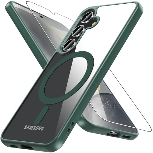 Hensinple für Samsung Galaxy S24 Hülle für Magsafe mit Panzer Schutz Glas,Magnetisch Handyhülle Samsung S24 Stoßfest Schutz Dünn Transparent Outdoor Schutzhülle Case für S24,Grün von Hensinple