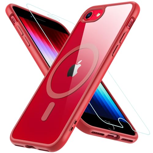 Hülle Kompatibel für iPhone SE 2020, iPhone SE 2022 Hülle iPhone 8/7 Hülle, Magnetisch Handyhülle iPhone SE 2/3 mit HD Schutzfolie Glas für MagSafe Schutzhülle iPhone SE 2022 Case (Rot) von Hensinple