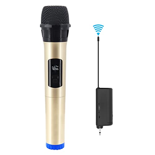 Hensych Drahtloses Handmikrofon UHF dynamisches Mikrofon mit tragbarem Mini-Empfänger mit LED-Display, unterstützt mehrere Audiosysteme, Lautsprecher, Verstärker, kabelloses Mikrofonsystem (Gold) von Hensych