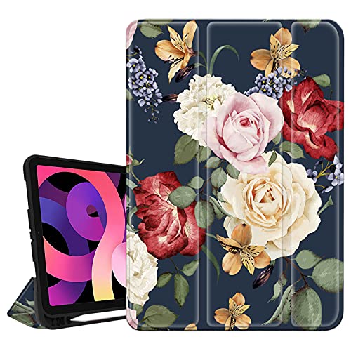 Hepix iPad 27,7 cm (11 Zoll) Air 4. Generation Hülle mit Stifthalter 2020, Rose Blume Pfingstrose Floral Stand Slim Trifold Protective Shockproof Smart Cover Auto Sleep Wake for A2072 A2316 A2324 A2325 von Hepix