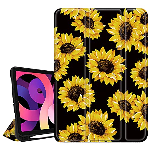 Hepix iPad 27.7 cm (11 Zoll) Air 4. Generation Hülle mit Stifthalter 2020, Sonnenblumen-Blumenständer, dünn, Smart-Cover, automatische Schlaf- und Weckfunktion für A2072 A2316 A2324 A2325 von Hepix