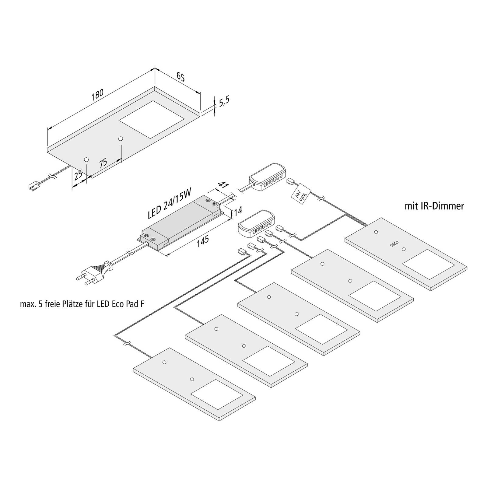 LED-Unterbaulampe Eco-Pad F 5x-Set 3.000K alu von Hera