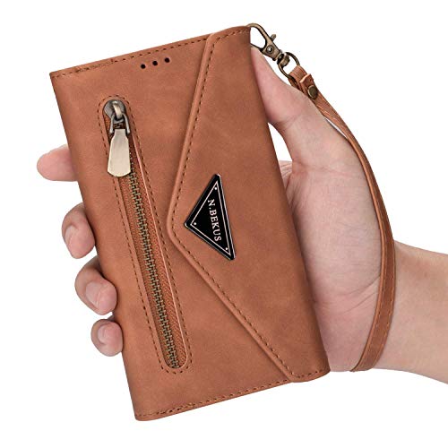 Handykette Kompatibel mit Samsung Galaxy A21 Handyhülle für Smartphone zum Umhängen Schutzhülle mit Kordel Leder Hülle Brieftasche Hülle Geldbörse mit Reißverschluss Kartenfach,Braun von Herbests