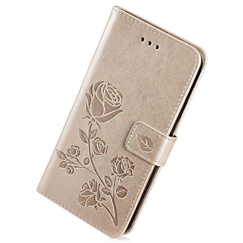 Herbests Kompatibel mit Huawei Honor 6A Handy Schutzhülle Leder Hülle Flip Case Cover Klapphülle Rose Blumen Muster Bookstyle Tasche Wallet Handytasche Magnetisch Kartenfach Ständer,Gold von Herbests