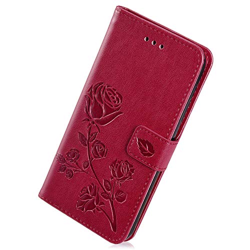 Herbests Kompatibel mit Huawei Honor 6A Handy Schutzhülle Leder Hülle Flip Case Cover Klapphülle Rose Blumen Muster Bookstyle Tasche Wallet Handytasche Magnetisch Kartenfach Ständer,Rot von Herbests