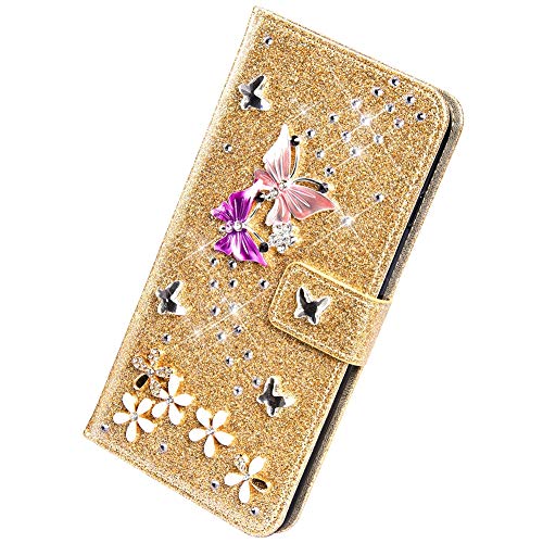 Herbests Kompatibel mit Huawei P30 Lite Handyhülle Brieftasche Hülle Schmetterling Blumen Muster Bunt Glitzer Bling Glänzend Strass Diamant Leder Schutzhülle Flip Case Handytasche,Gold von Herbests