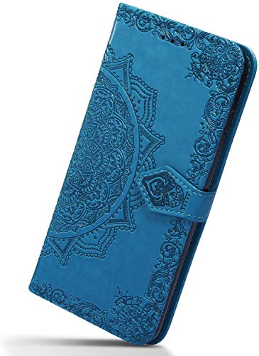Herbests Kompatibel mit Huawei P30 Lite Hülle Klapphülle Leder Tasche 3D Vintage Mandala Blume Muster Flip Schutzhülle Wallet Handyhülle Case Klappbar Magnetisch Etui mit Kartenfach,Blau von Herbests