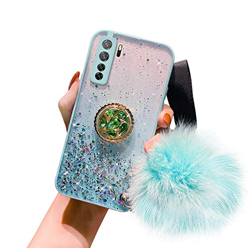 Herbests Kompatibel mit Huawei P40 Lite 5G Hülle Glänzend Glitzer Bling Stern Silikon Handyhülle Transparente Weiche Durchsichtig Schutzhülle Case mit Ring Ständer Halter für Mädchen,Blau von Herbests