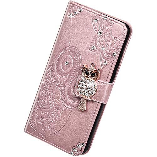 Herbests Kompatibel mit Samsung Galaxy A70 Handyhülle Glitzer Bling Strass Diamant Eule Mandala Blumen Muster Leder Tasche Flip Case Cover Hülle Schutzhülle Klapphülle Magnet,Rose Gold von Herbests