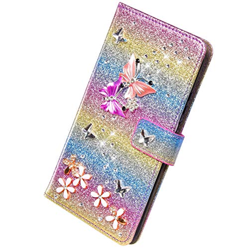 Herbests Kompatibel mit Samsung Galaxy A72 5G Handyhülle Brieftasche Hülle Schmetterling Blumen Muster Bunt Glitzer Bling Glänzend Strass Diamant Leder Schutzhülle Flip Case Handytasche,Lila Gold von Herbests