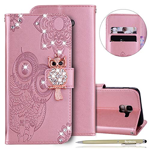 Herbests Kompatibel mit Samsung Galaxy J6 2018 Handyhülle, Glitzer Diamant Mandala Eule Leder Tasche Flip Schutzhülle Ultra Dünn Lederhülle Book Case Handytasche Magnetverschluss,Rose Gold von Herbests