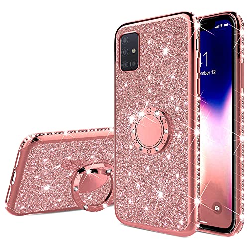 Herbests Kompatibel mit Samsung Galaxy M31S Hülle Bling Glänzend Strass Diamant Handyhülle Durchsichtig Schutzhülle Transparent Ultradünn Silikon Handytasche mit Ring Halter Ständer,Rose Gold von Herbests