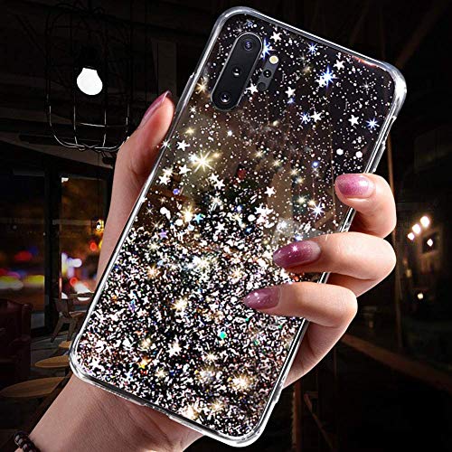 Herbests Kompatibel mit Samsung Galaxy Note 10 Plus Hülle Transparent TPU Silikon Handyhülle Glänzend Glitzer Sterne Strass Diamant Clear Durchsichtige Case Tasche Klar Stoßfest Schutzhülle,Schwarz von Herbests