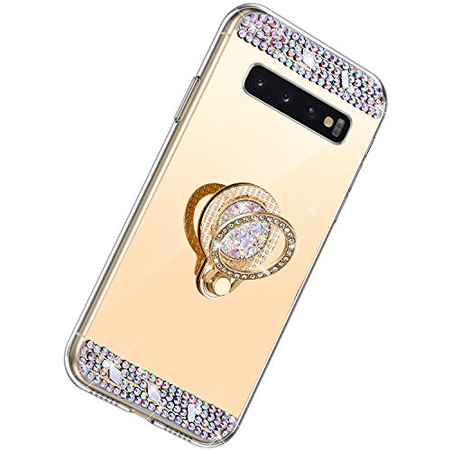 Herbests Kompatibel mit Samsung Galaxy S10 Plus Hülle Glitzer Kristall Strass Diamant Silikon Handyhülle mit Ring Halter Ständer Schutzhülle Überzug Spiegel Clear View Handytasche,Gold von Herbests