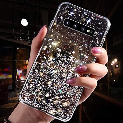 Herbests Kompatibel mit Samsung Galaxy S10 Plus Hülle Transparent TPU Silikon Handyhülle Glänzend Glitzer Sterne Strass Diamant Clear Durchsichtige Case Tasche Klar Slim Stoßfest Schutzhülle,Schwarz von Herbests