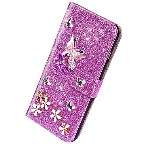 Herbests Kompatibel mit Samsung Galaxy S5 Handyhülle Brieftasche Hülle Schmetterling Blumen Muster Bunt Glitzer Bling Glänzend Strass Diamant Leder Schutzhülle Flip Case Handytasche,Lila von Herbests