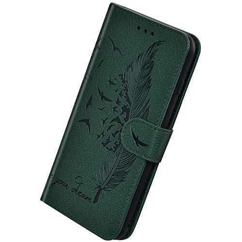 Herbests Kompatibel mit Samsung Galaxy S9 Hülle Ledertasche Vintage Feder Vogel Muster Schutzhülle Brieftasche Klapphülle Dünne Lederhülle Wallet Handyhülle mit Kartenfach Ständer,Grün von Herbests