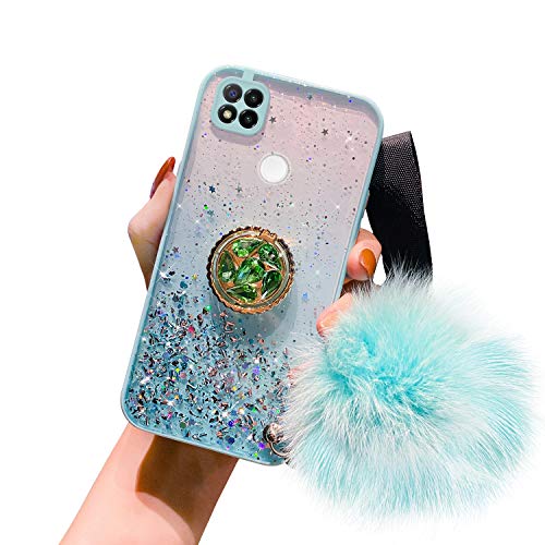Herbests Kompatibel mit Xiaomi Redmi 9C Hülle Glänzend Glitzer Bling Stern Silikon Handyhülle Transparente Weiche Durchsichtig Schutzhülle Case mit Ring Ständer Halter für Mädchen,Blau von Herbests