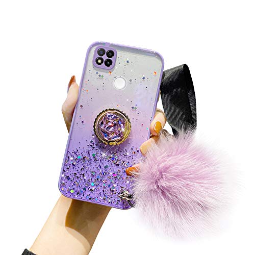 Herbests Kompatibel mit Xiaomi Redmi 9C Hülle Glänzend Glitzer Bling Stern Silikon Handyhülle Transparente Weiche Durchsichtig Schutzhülle Case mit Ring Ständer Halter für Mädchen,Lila von Herbests