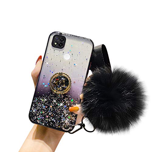 Herbests Kompatibel mit Xiaomi Redmi 9C Hülle Glänzend Glitzer Bling Stern Silikon Handyhülle Transparente Weiche Durchsichtig Schutzhülle Case mit Ring Ständer Halter für Mädchen,Schwarz von Herbests
