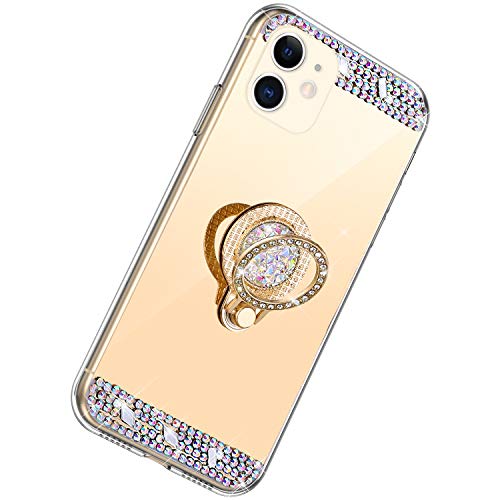 Herbests Kompatibel mit iPhone 11 Hülle Glitzer Kristall Strass Diamant Silikon Handyhülle mit Ring Halter Ständer Schutzhülle Überzug Spiegel Clear View Handytasche,Gold von Herbests