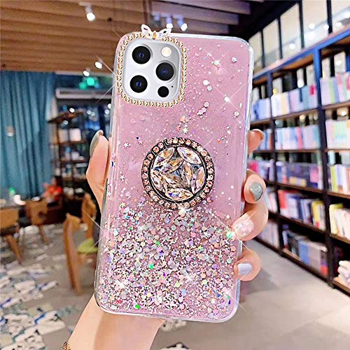 Herbests Kompatibel mit iPhone 12 / iPhone 12 Pro Hülle Mädchen Bling Diamant Glänzend Glitzer Stern Schutzhülle Ultra Dünn Weich Silikon Durchsichtig Handyhülle Case mit Ring Ständer Halter,Rosa von Herbests