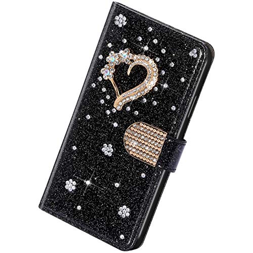 Herbests Kompatibel mit iPhone 12 Pro Max Hülle Leder Tasche Flip Case Schutzhülle Strass Glitzer Diamant Bling Liebe Herz Leder Wallet Handyhülle Klapphülle Kartenfächer Ständer,Schwarz von Herbests