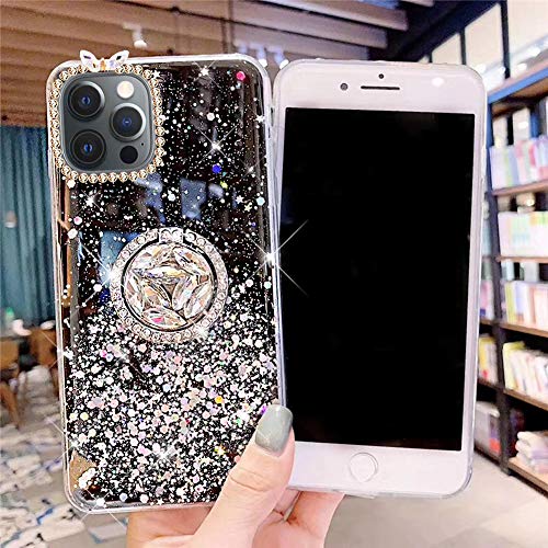 Herbests Kompatibel mit iPhone 12 Pro Max Hülle Mädchen Bling Diamant Glänzend Glitzer Stern Schutzhülle Ultra Dünn Weich Silikon Durchsichtig Handyhülle Case mit Ring Ständer Halter,Schwarz von Herbests