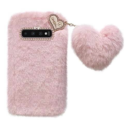 Herbests Plüsch Handyhülle für Samsung Galaxy S10 Plus,Flauschige Warm Schutzhülle mit Glitzer Liebesherz-Anhänger Weiche TPU Telefonhülle Stoßfest Rückseite Handy Case für Mädchen Damen,Rosa von Herbests