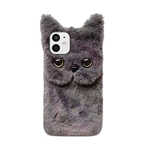 Herbests Plüsch Hülle Kompatibel mit iPhone 12 Mini,Karikatur Katzen Handyhülle Warme Flauschige Weiche Süße Tier Schutzhülle Case,Stoßfest TPU Stoßfänger Rückseite Telefonhülle für Mädchen,Grau von Herbests