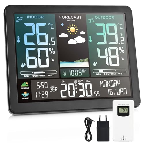 Herboom Wetterstation Funk mit Außensensor mit Wettervorhersage, mit 7,4 Zoll VA-Display und Außensensor für Temperatur, Luftfeuchtigkeit, Wind, Luftdruck- Batteriebetrieb und Netzbetrieb, Schwarz Herboom Wetterstation Funk mit Außensensor mit Wettervorhersage, mit 7,4 Zoll VA-Display und Außensensor für Temperatur, Luftfeuchtigkeit, Wind, Luftdruck- Batteriebetrieb und Netzbetrieb, Schwarz von Herboom