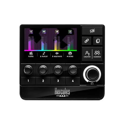 Hercules Stream 200 XLR, Profi-Audio-Controller zum Mastern von Audience-Creator-Mixen live auf dem Bildschirm, mit Mikrofonvorverstärker, LCD-Bildschirm, Hochauflösenden Encodern, 4 Aktionstasten von Hercules