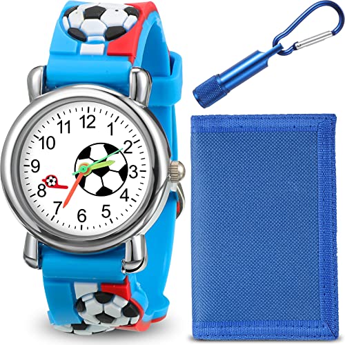 Herdear Unisex Analoge Quarz Fußball Armbanduhr mit Silikon Uhrarmband und Blau Faltbarer Kinder Geldbörse und Elektrischer Schlüsselanhänger Taschenlampe für Jungen Kinder von Herdear
