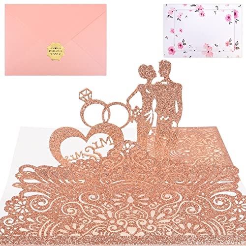 Herefun Pop-Up Hochzeitskarte, 3D Grußkarte zur Hochzeit Verlobung, 3D Pop-Up Karte, Glückwunschkarte zur Trauung, Glitzer Roségold Hochzeitskarte, Valentinstagskarte, Geburtstagskarte für Frau (Pink) von Herefun
