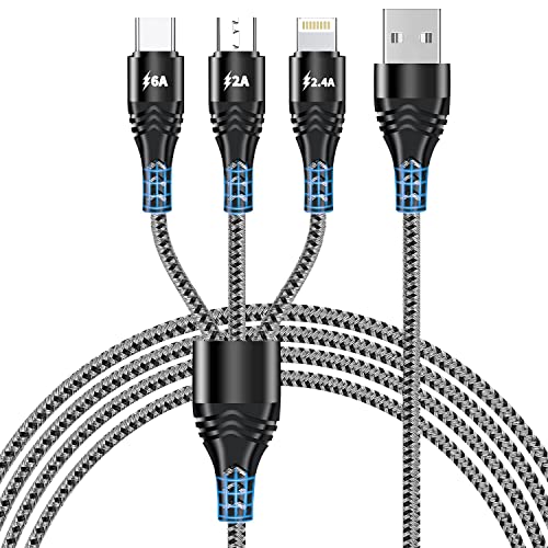 Multi-Ladekabel, Nylon geflochtenes 3-in-1-USB-Kabel, Multiport-USB-Kabel mit Typ-C-Micro-USB-Lightning-Anschluss zum Aufladen, kompatibel mit i-Phone, Android, Galaxy, Nexus, Nokia, LG, Sony (2 m) von Herfair
