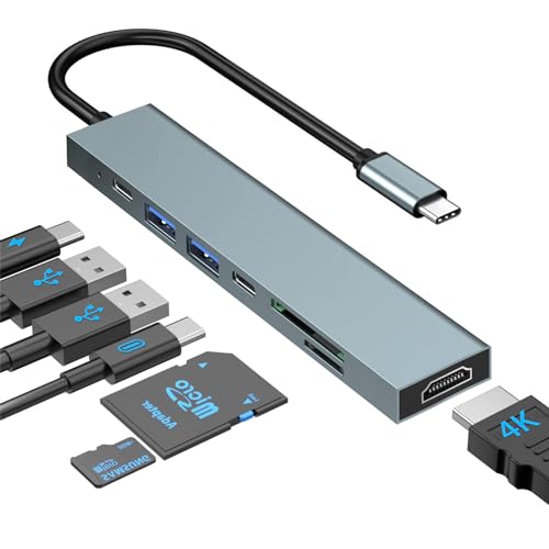 USB-C-Hub, 7-in-1 USB-C-Hub-Multiport-Adapter mit USB-C auf 4K-HDMI, SD/TF-Kartenleser, 1 x USB 3.1/1 x USB 2.0/1 x Typ C und 100 W Stromversorgung, kompatibel mit MacBook Pro 2022/2021/2020/2019, von Herfair