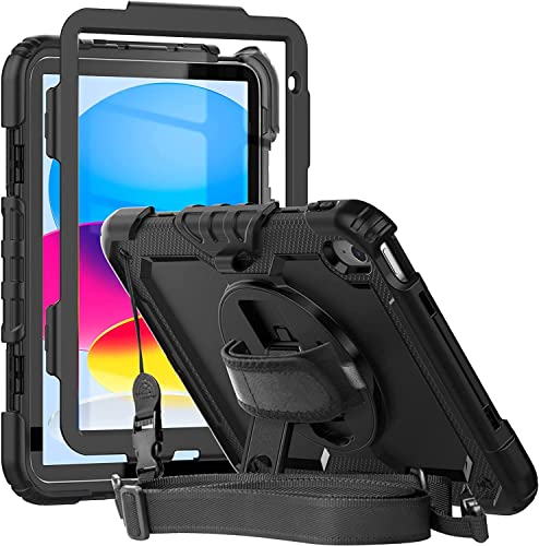 Herize iPad 10th Generation Case 10.9 Inch with Screen Protector Pen Holder | iPad 10 Case A2757/A2777| Heavy Duty Shockproof Rugged Protective Case W/Handle Shoulder Strap for iPad 10th Gen | Black von Herize