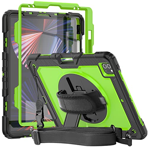 Herize iPad 2020 Hülle Pro 12.9 Zoll mit Stifthalter | Rüstungsschutzhülle mit Pencil Halter Ständerhandgurt Schultergurt Displayschutz | Green von Herize